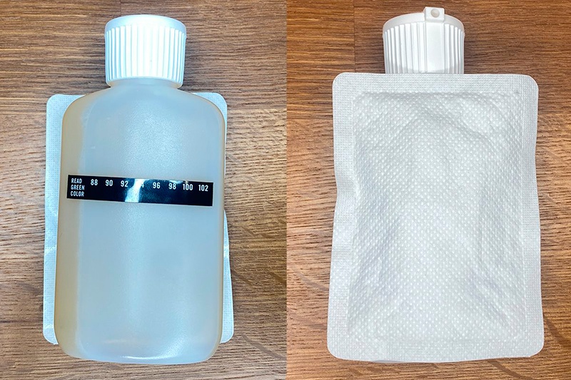 urine with synthetic urine and heat pad attached